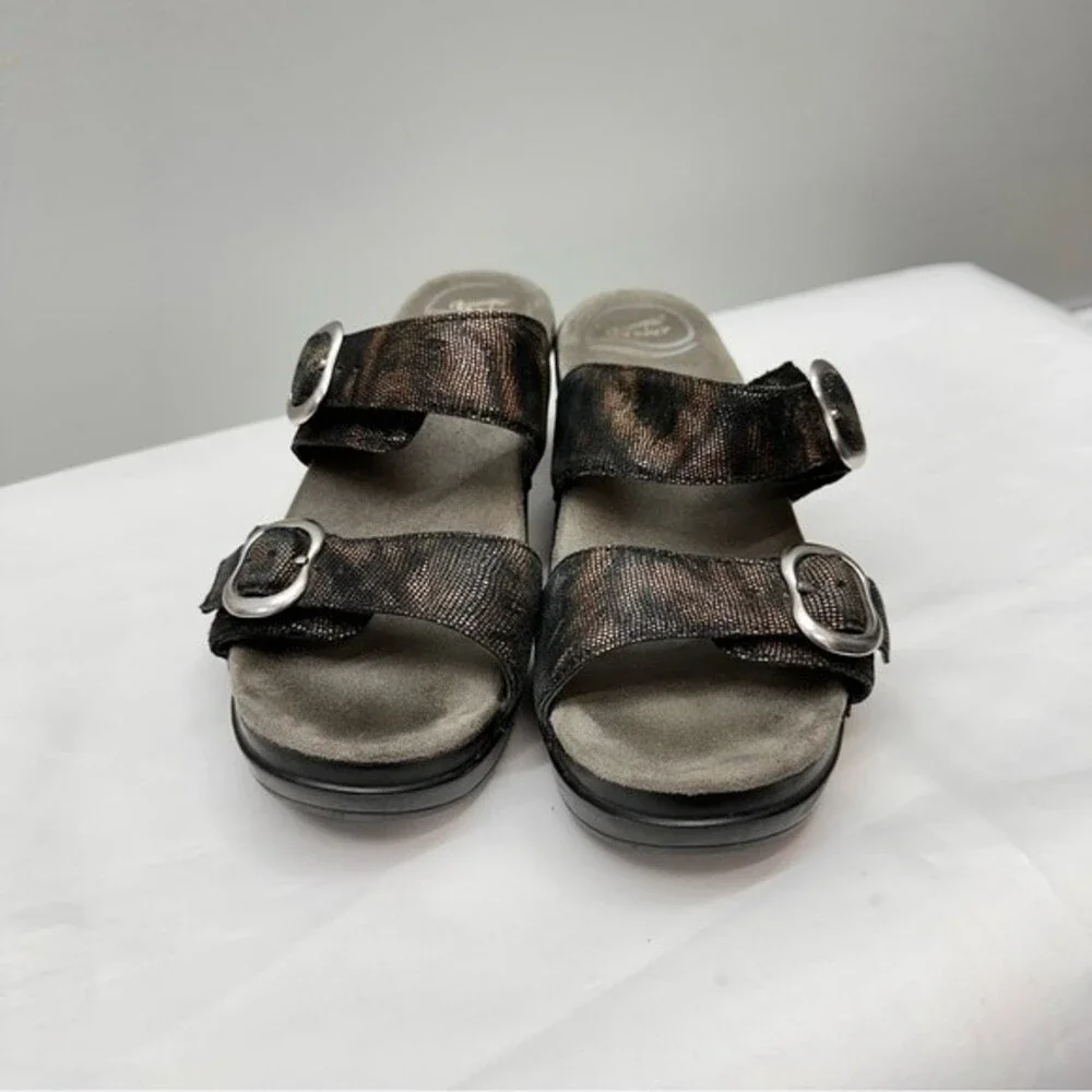Dansko Women Black‎ Gold Iridescent Leather Slide Buckle Wedge Sandals 37